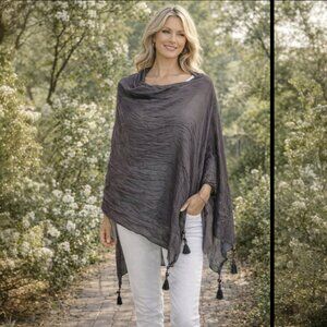 Dark Brown Embellished Scarf Poncho Detachable Tassel Accents